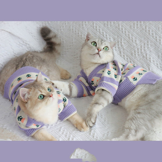 Retro Purple Flower Sweater Cute Pet Cat Dog Autumn And Winter Knitted Clothes